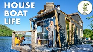 Living on a 4 Season Houseboat  Beautiful Floating Tiny House [upl. by Annaiv425]