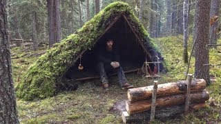 Winter Bushcraft Shelter Build  Overnight Camping Raised Bed Natural Shelter Fire Reflector [upl. by Anairam]