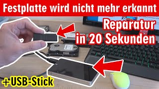 Festplatte wird nicht mehr erkannt ⭐️ Reparatur in 20 Sekunden ⭐️ USBStick ▪️ SSD ▪️ USBLaufwerk [upl. by Wendi]