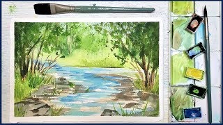 Easy Beginner Landscape in Watercolor Summer Stream [upl. by Alec490]