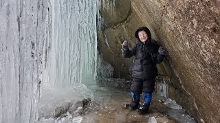 Winter Camping Under Frozen Waterfall in Survival Shelter Hot Tent  Winter Backpacking amp Hiking [upl. by Nac898]