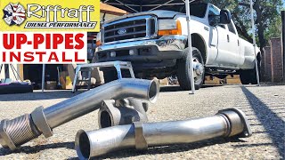 2001 F350 73  RiffRaff UpPipes Install  Stock up pipes leaking and falling apart JUNK SP [upl. by Waters876]