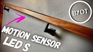 How To Install Stair Handrail On Stairs  DIY WALNUT RAIL WITH MOTION SENSOR LIGHT [upl. by Synn]