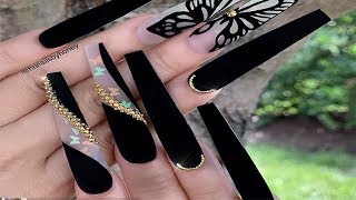 Recreación Diseño de INSTAGRAM Uñas En COLOR NEGRO MATTE Con Mariposas Tornasol [upl. by Selec]