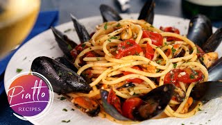 Seafood Pasta Recipe  SPAGHETTI with MUSSELS White Wine and Tomatoes [upl. by Airetak]